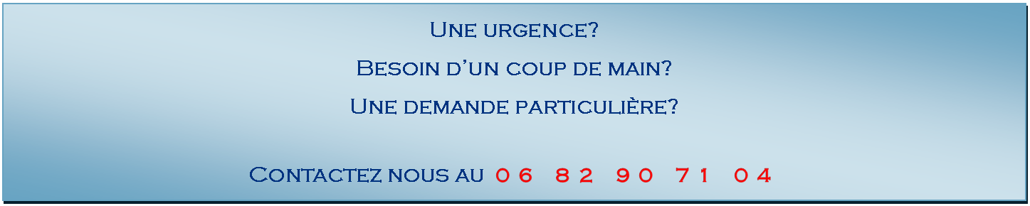 Zone de Texte: Une urgence?Besoin dun coup de main?Une demande particulire?
Contactez nous au  06 82 90 71 04